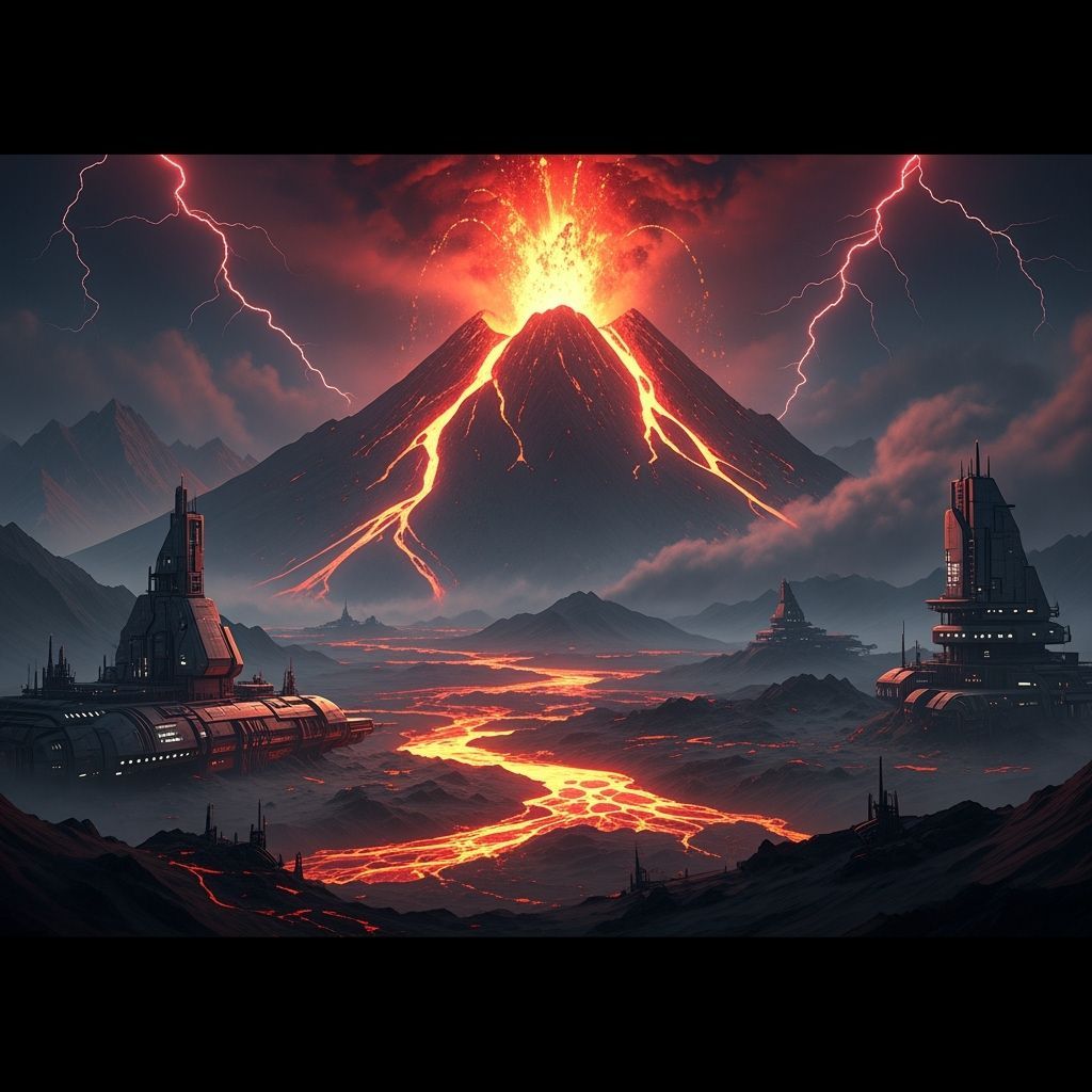 Volcanic Eruption at Night with Red Lightning