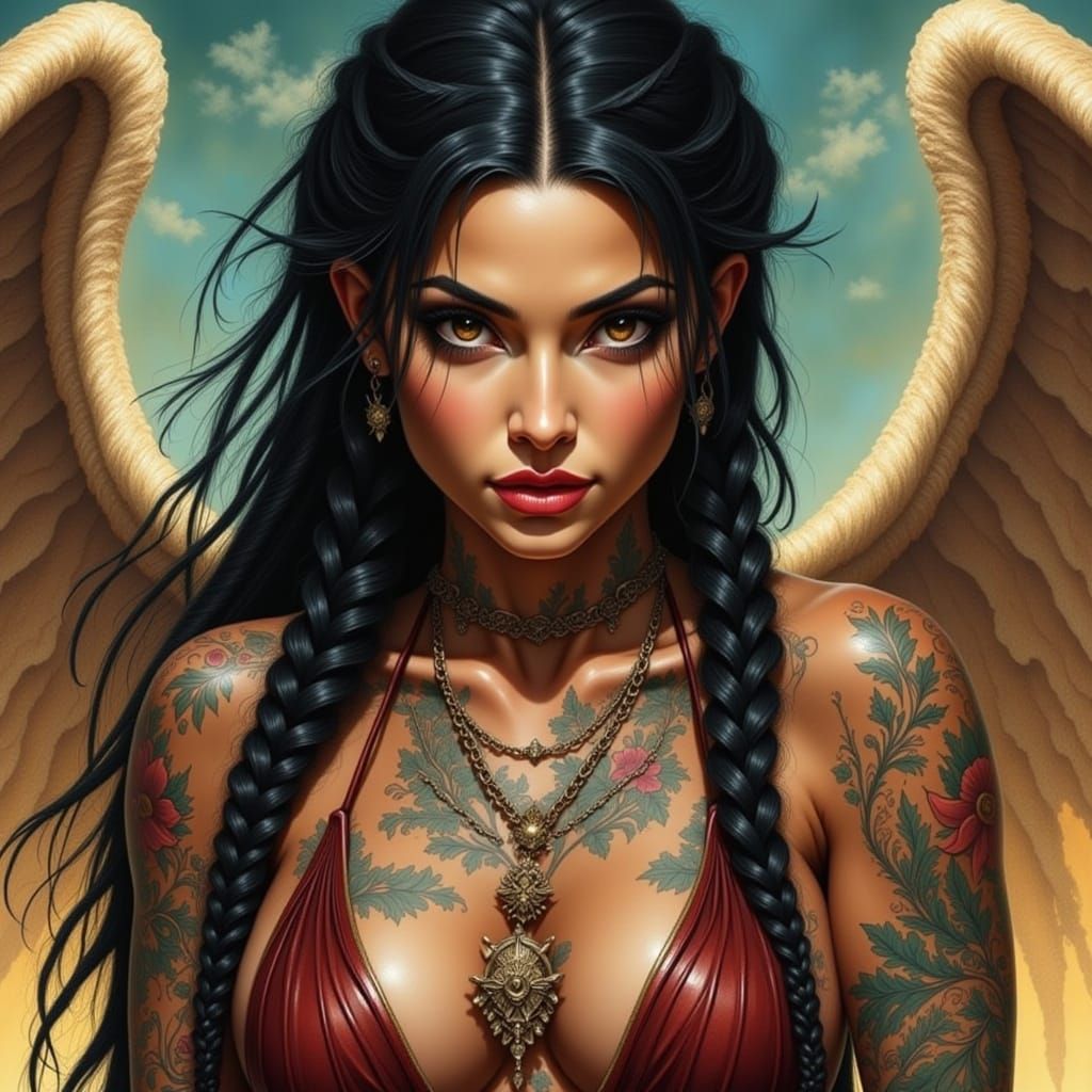Tattooed Latina Angel with Braids in Fractal Universe