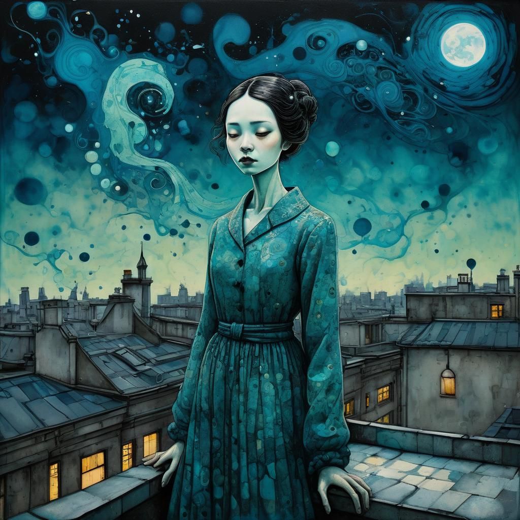 Dreamy Sleepwalker Portrait in Alcohol Ink Style