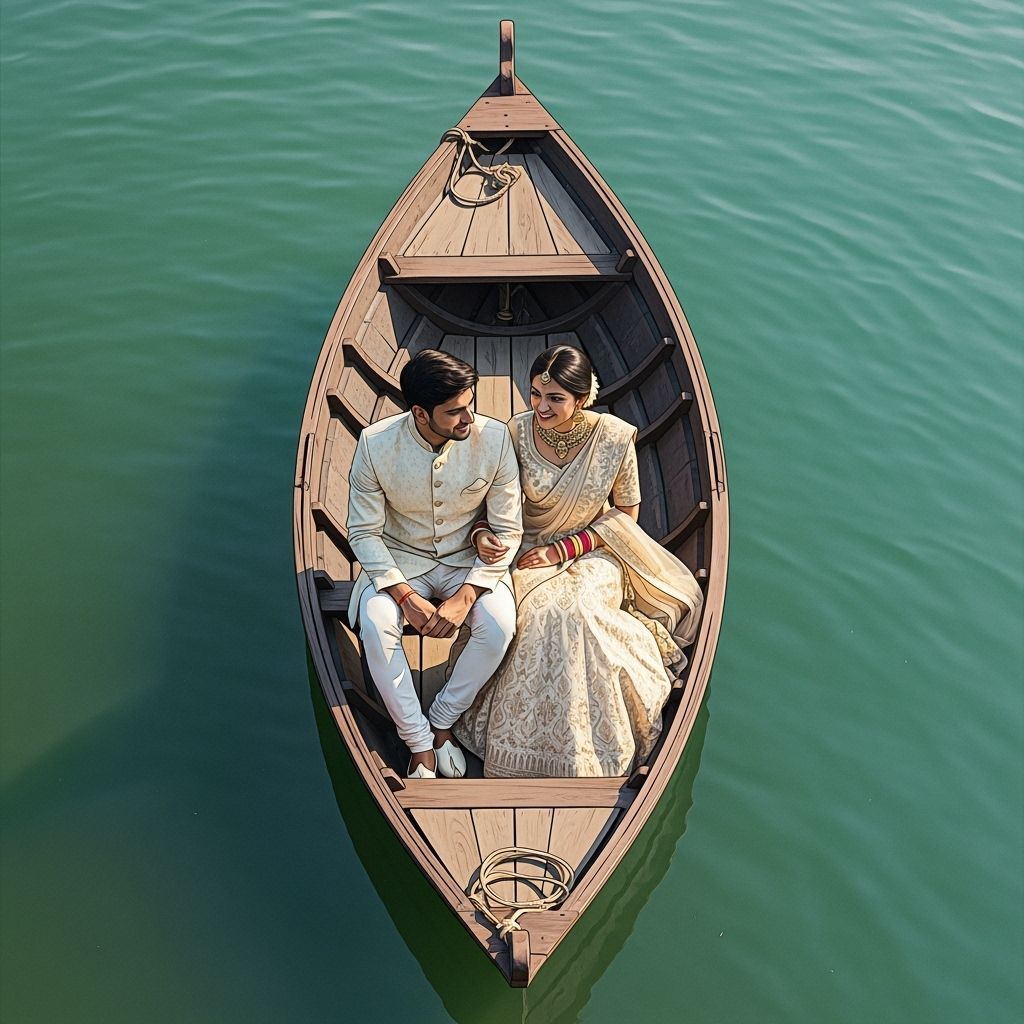 Couple in Traditional Indian Attire on Wooden Boat