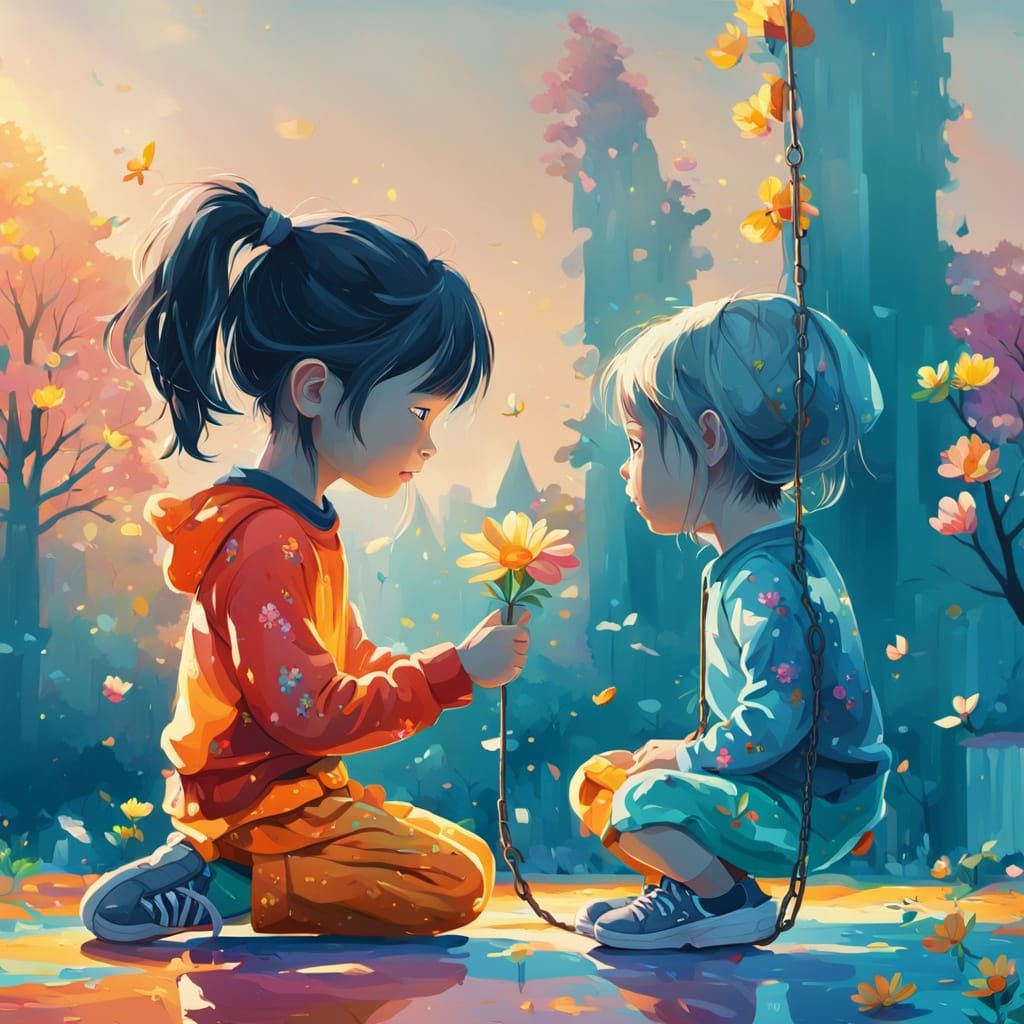 Children on Playground Swings in Oil Painting Style