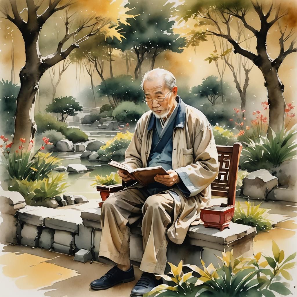 Feng Shui painting of an old man reading a book in a peacefu...