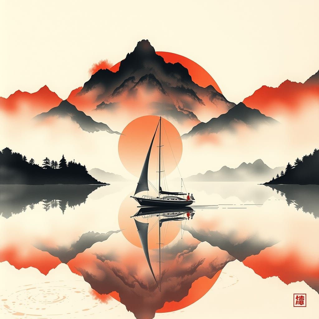 Sailboat on Misty Lake at Sunset in Sumi-e Style