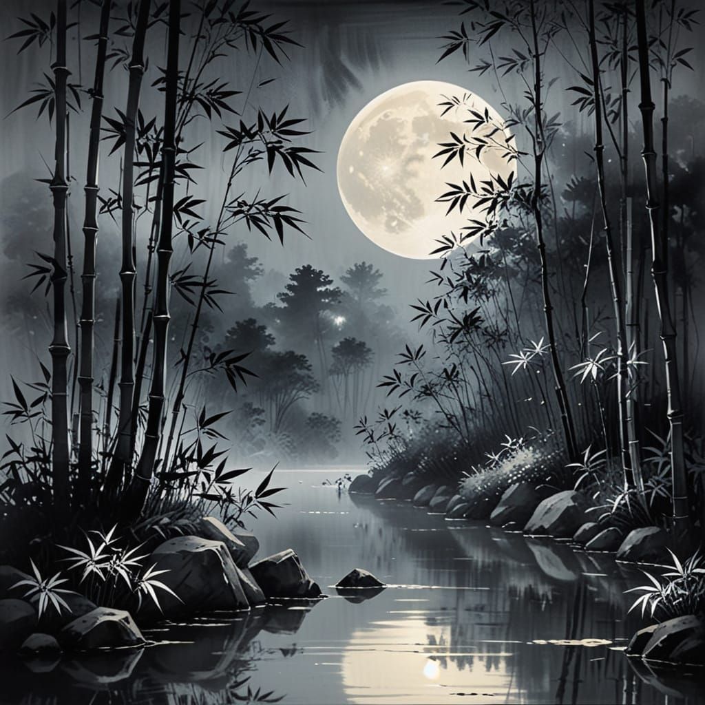 Moonlit Bamboo Grove in Sumi-e Style