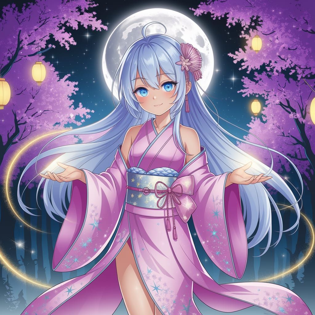 Enchanting Anime Girl Under a Radiant Moon