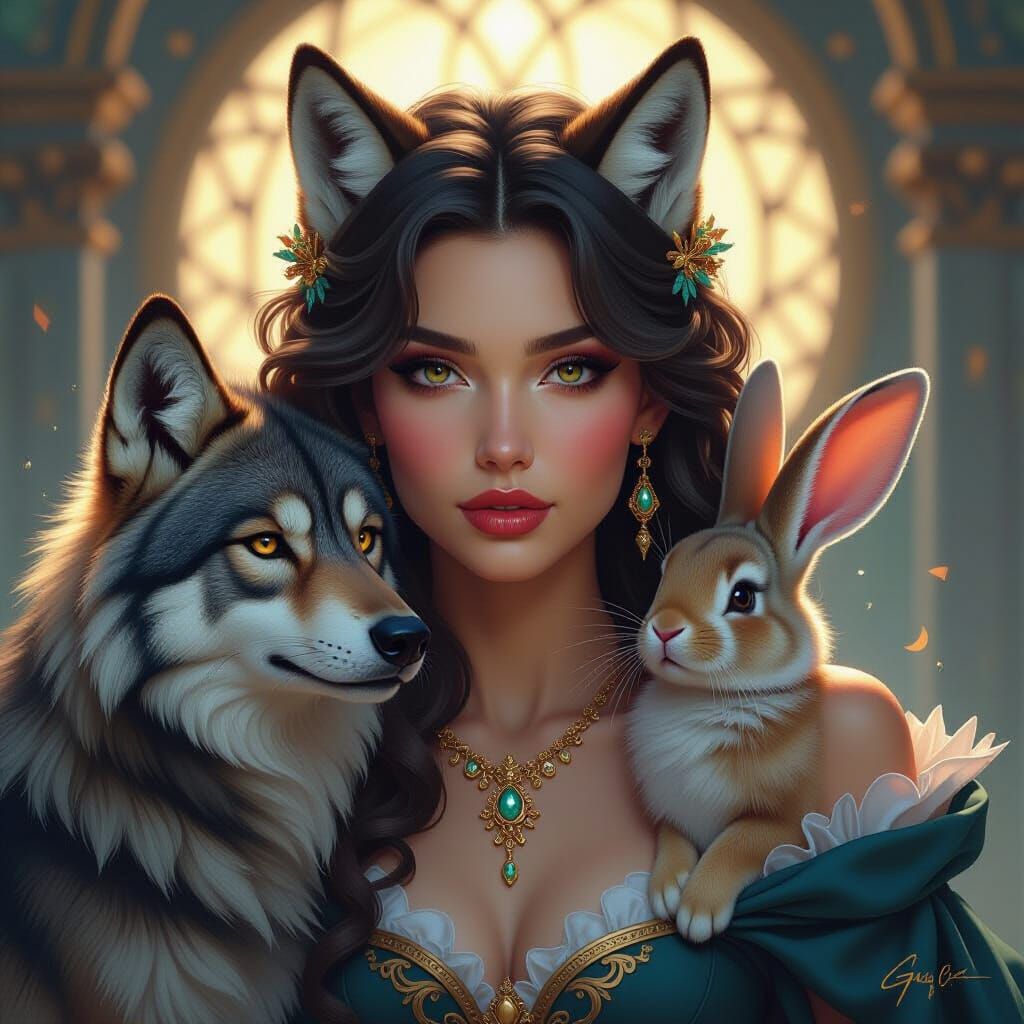Regal Woman with Animals in Ethereal Glow Concept Art