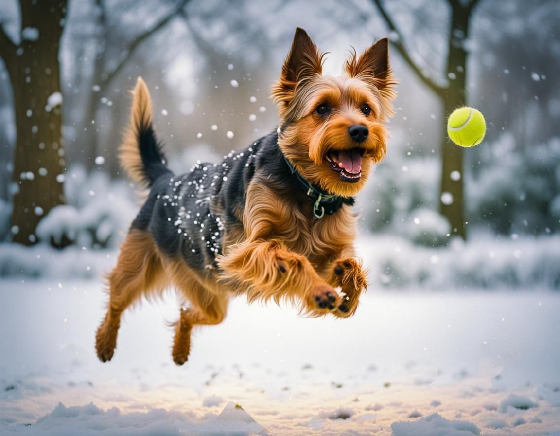 Australian Terrier Jumps for Ball in Snowy Park