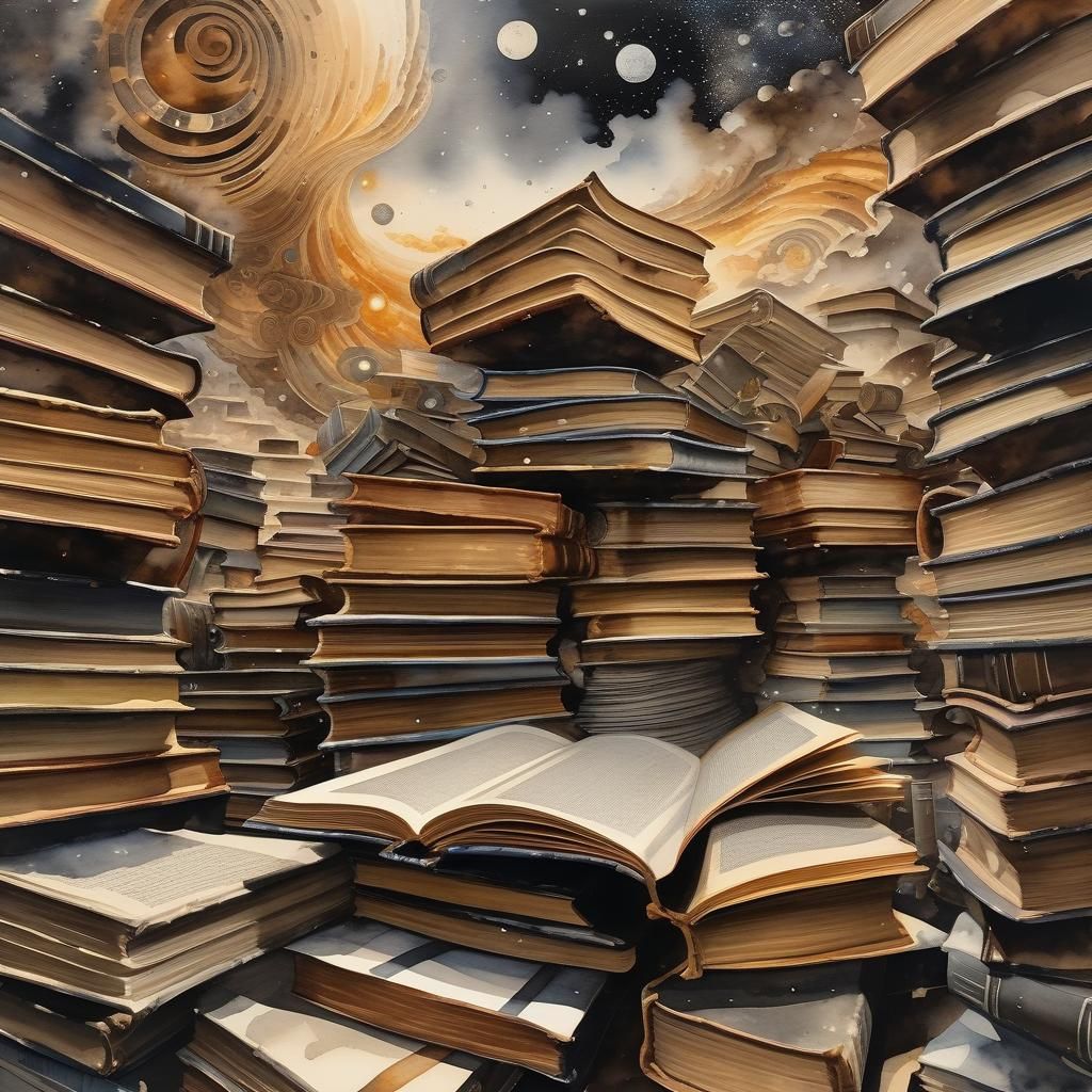 Galactic Manga Panorama with Old Books in Watercolour