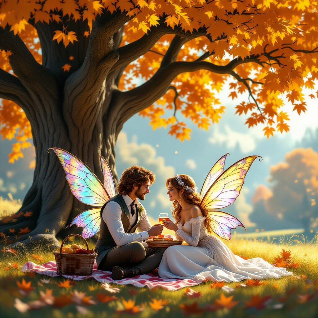 Fairy Picnic Under Ancient Oak in Autumn