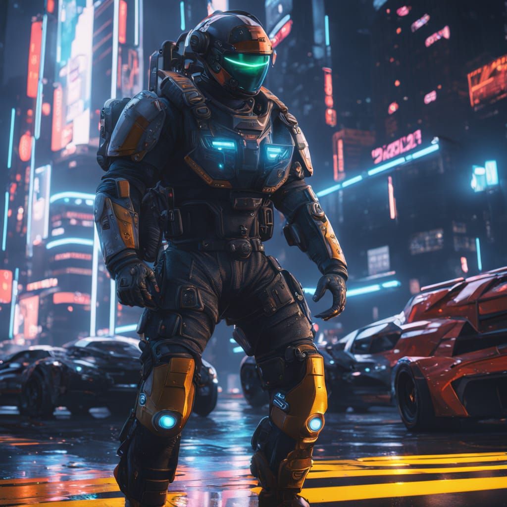 Lone Astronaut in Neon-Lit Metropolis