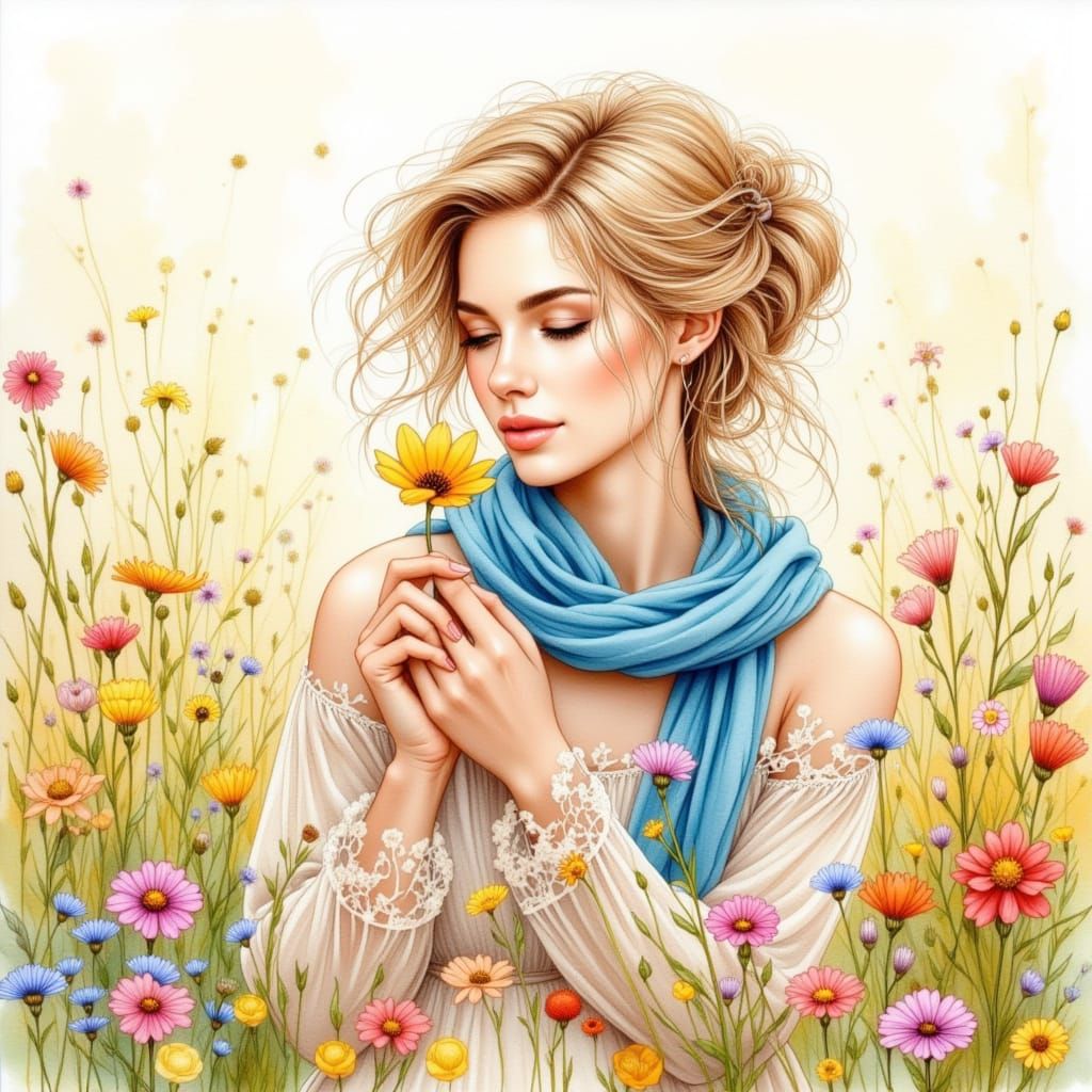 Whimsical Watercolor Lady in Wildflower Field