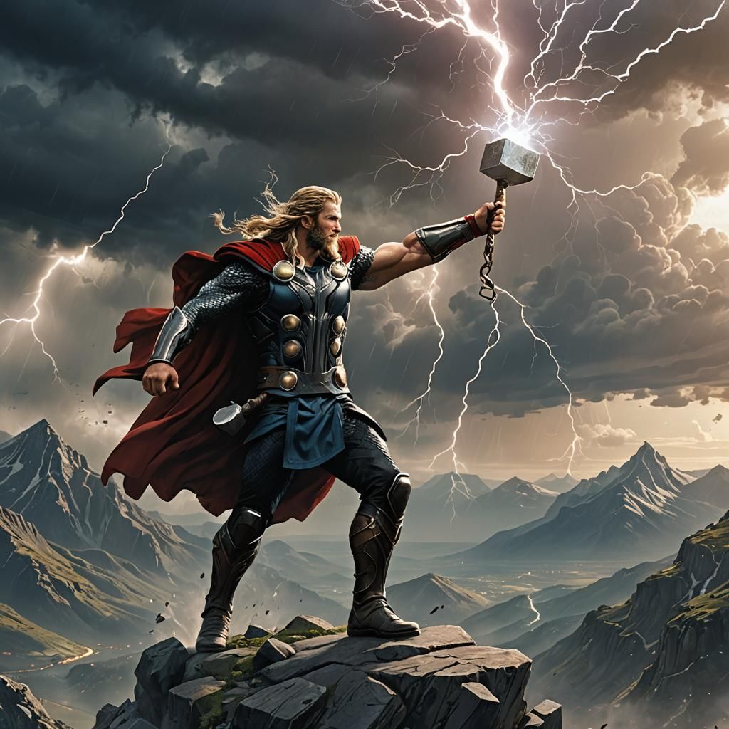 Thor atop a mountain arm extended holding Moljinor which has...