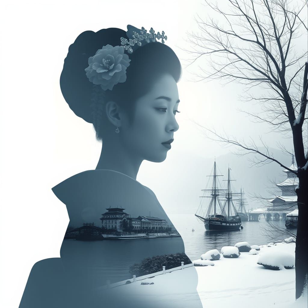 Double Exposure Geisha in Snowy Japanese Landscape