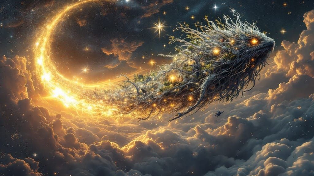 Cosmic Being Rides Radiant Comet Tail Amidst Starry Expanse