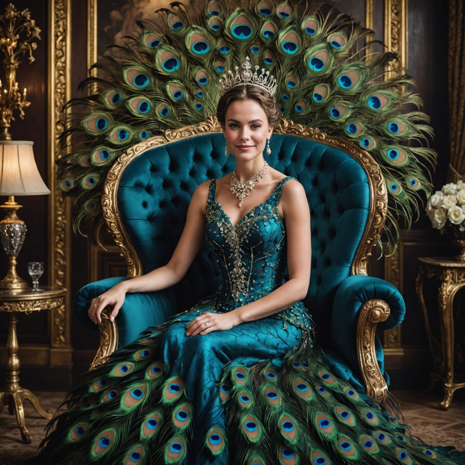 Elegant Steam-Powered Queen in a Peacock Throne