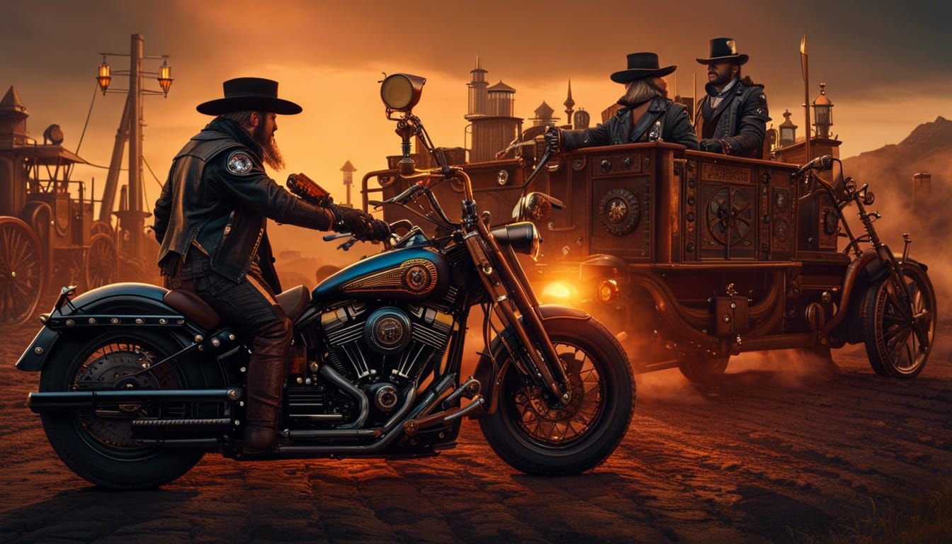 Steampunk Sunset Ride: Harley Davidson and Cowboy