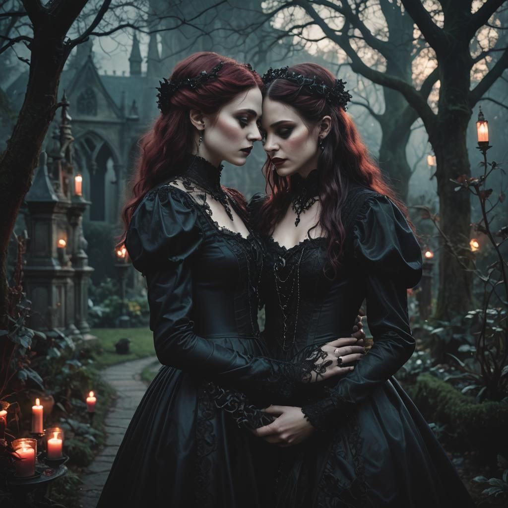 Gothic Friends in Shadowy Garden: Fantasy Art