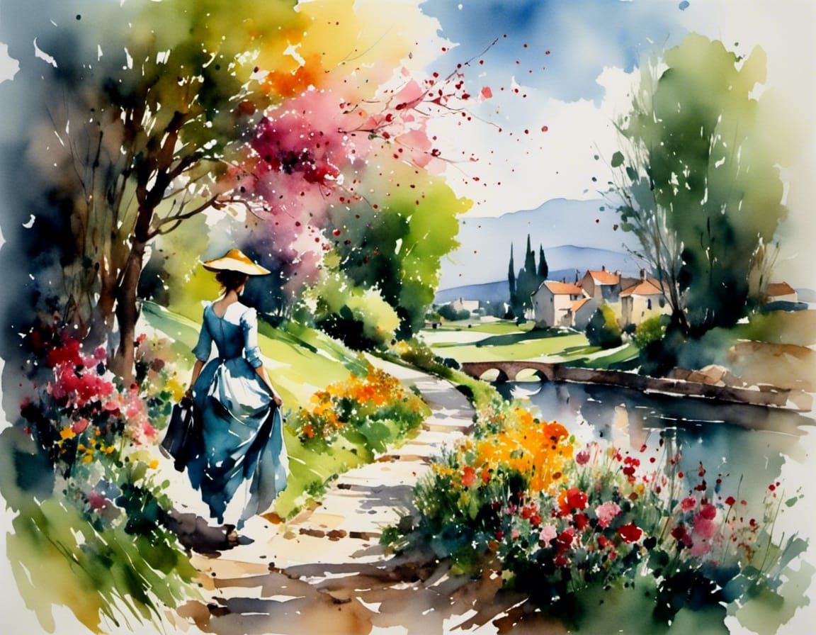 Woman Walks Cobbled Path in Lush Watercolor