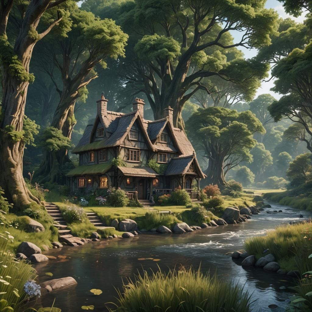 Riverside Cottage: Detailed Matte Painting in 8K