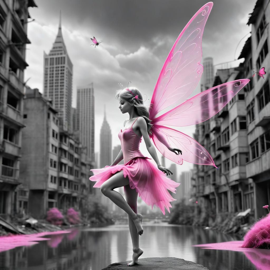 Pink Fairy in a Grey City: Selective Color Art