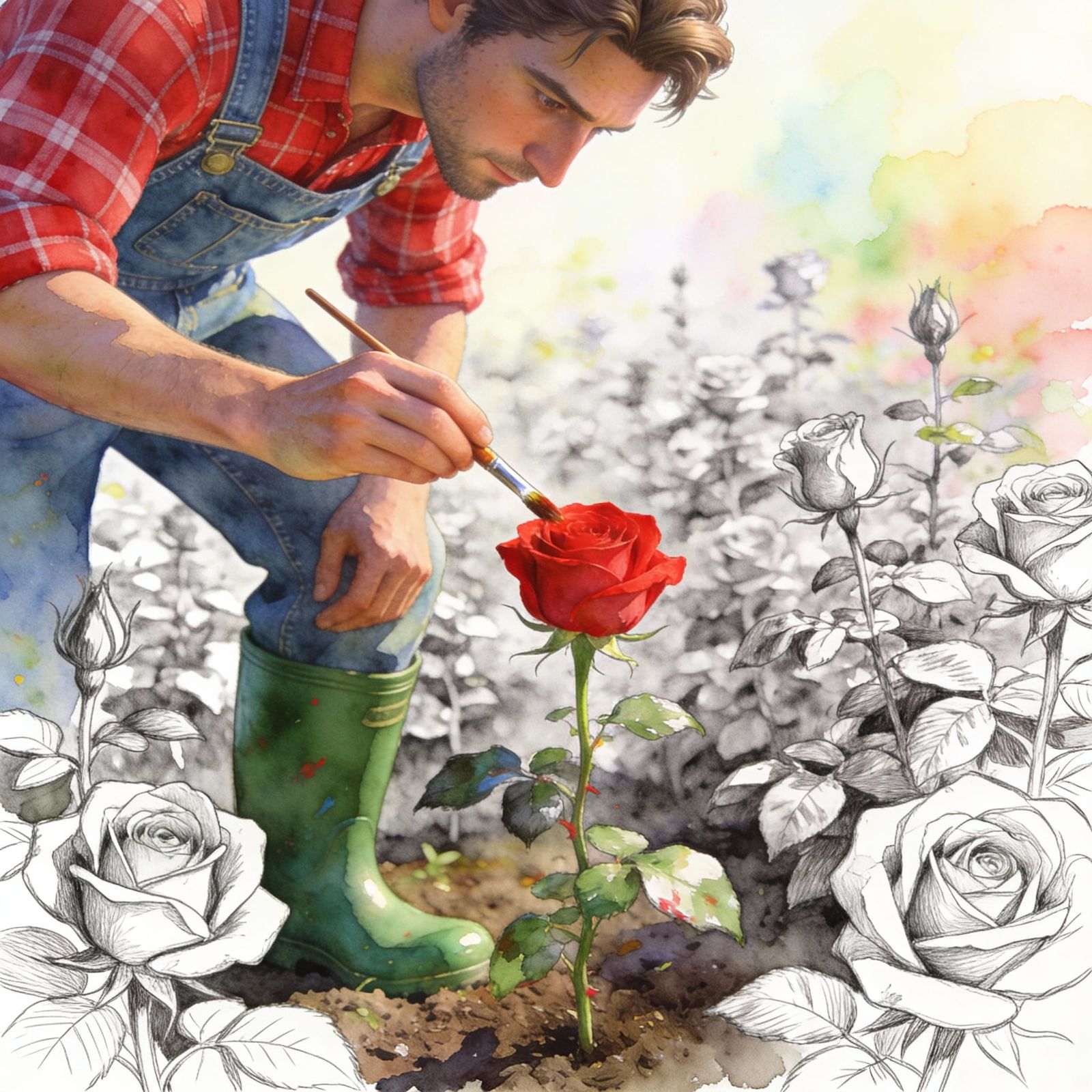 3D Man Paints Red Rose in Watercolor Fantasy Art