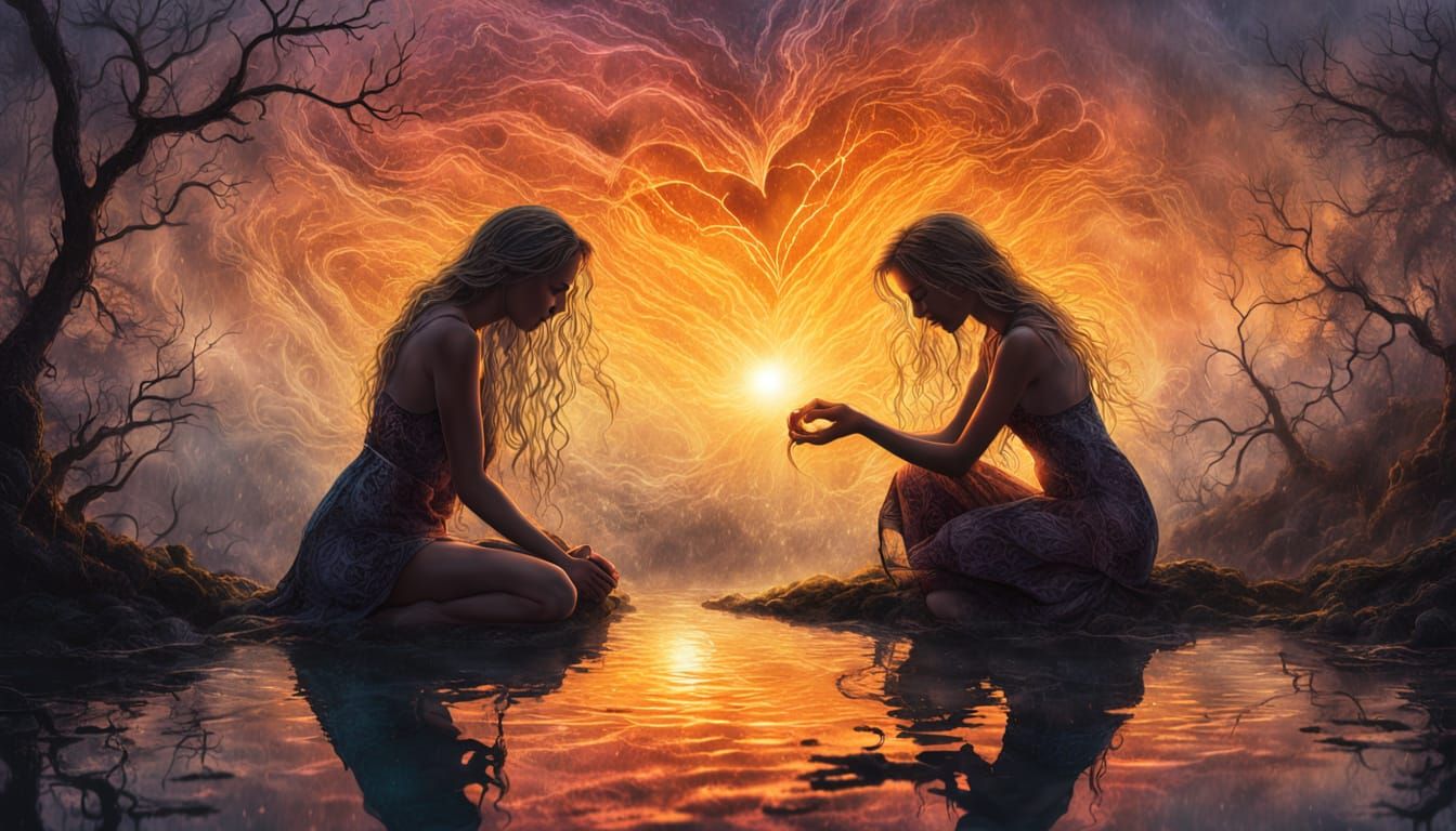 Surreal Sunset Scene with Woman and Cracked Heart