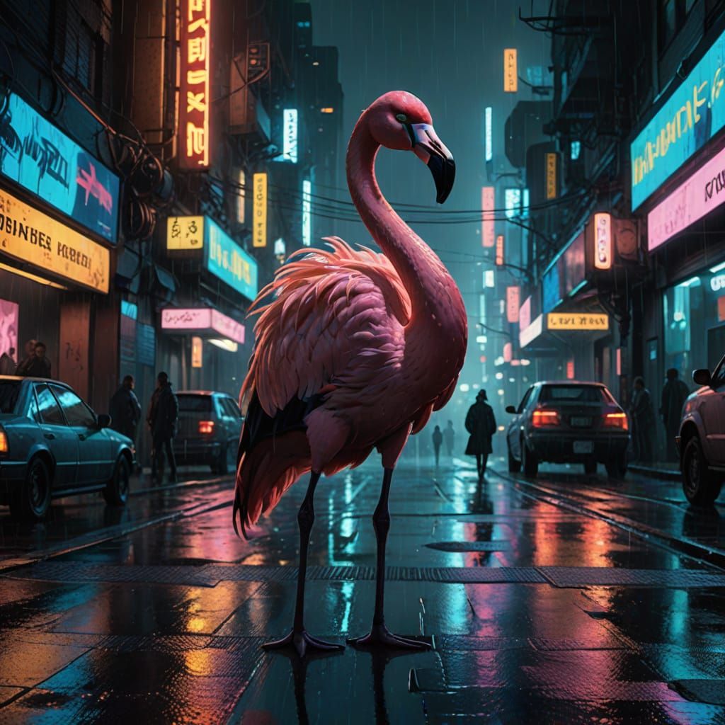 Sassy Flamingo Struts in Neon-Lit City Night