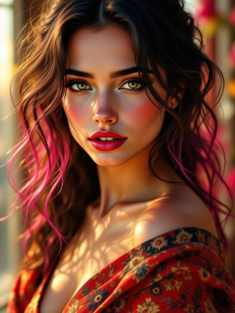 Vivid Italian Goddess in Hyper-Realistic Sunset Glow