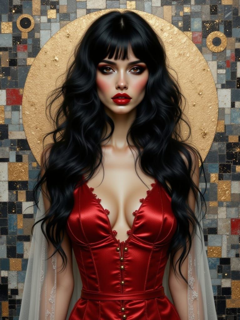 Spanish Pin-Up in Gothic Corset Amidst Mosaic Backdrop