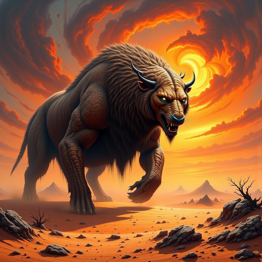 Colossal Desert Beast with Fiery Eyes in Epic Fantasy Art St...