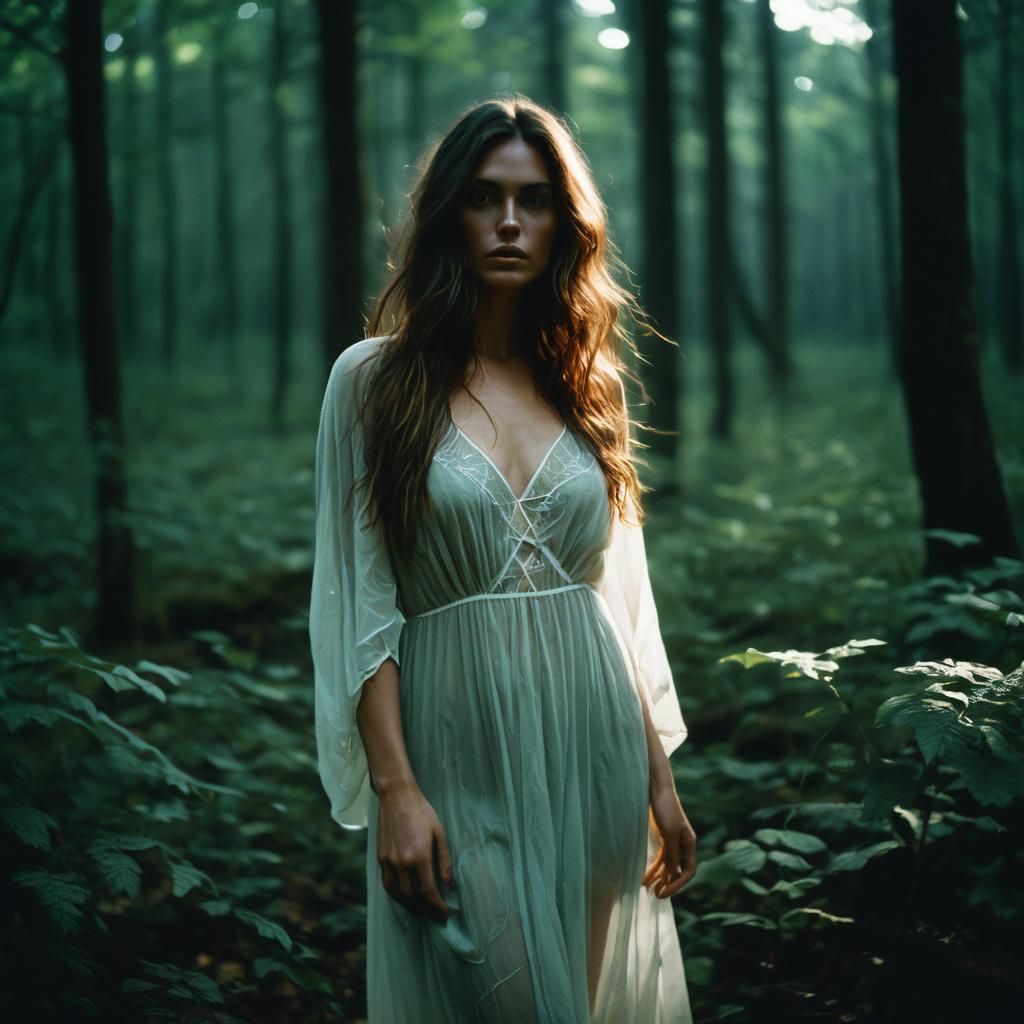 Ethereal Woman in Forest Clearing: Moody Portrait