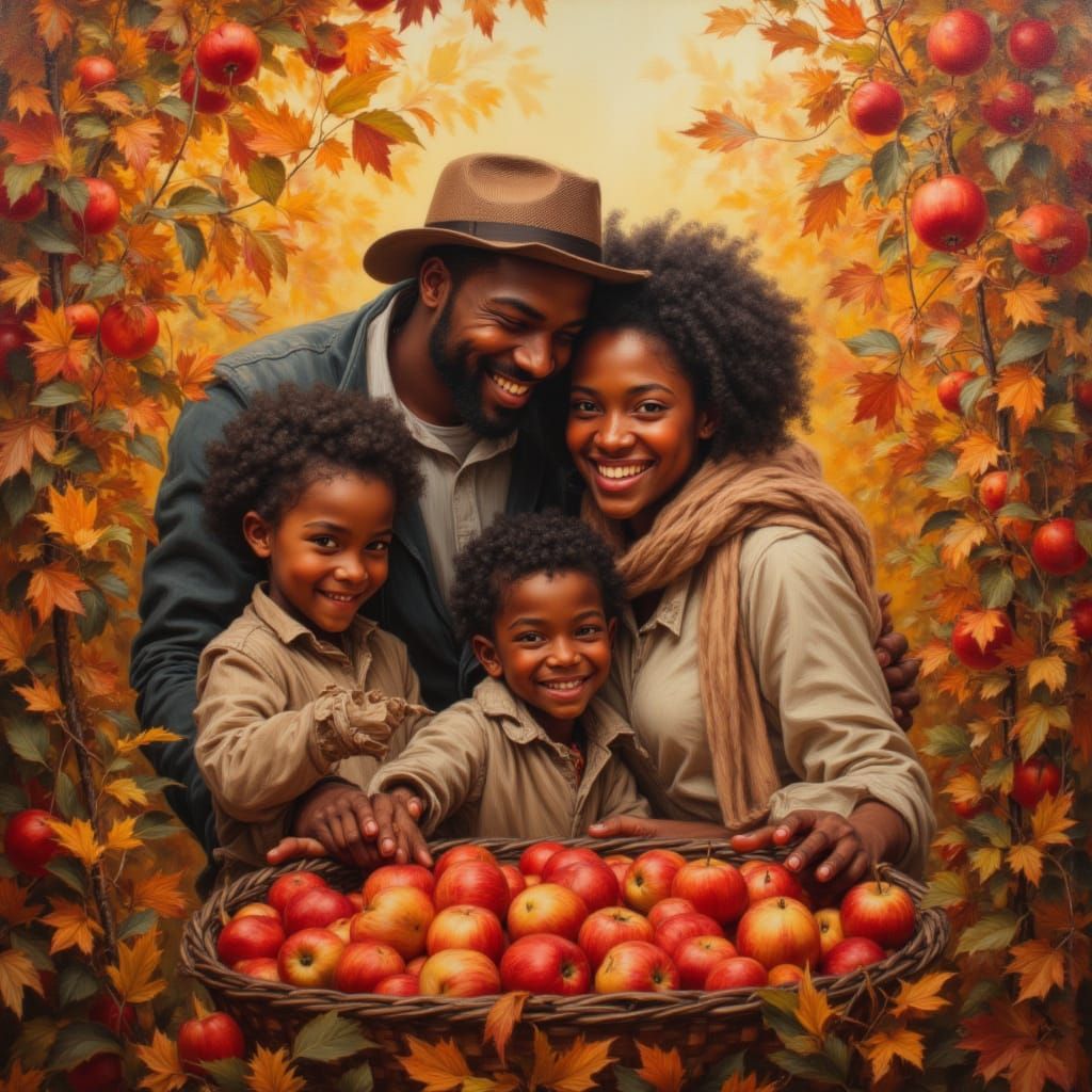 Joyful Family Picking Apples in Autumn Orchard