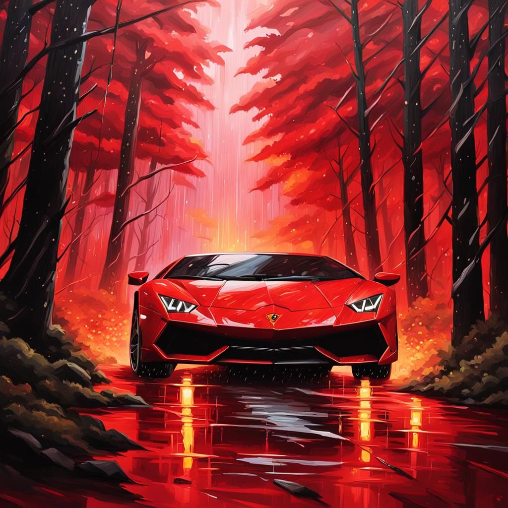 Lamborghini in Red Rain, Oil Painting