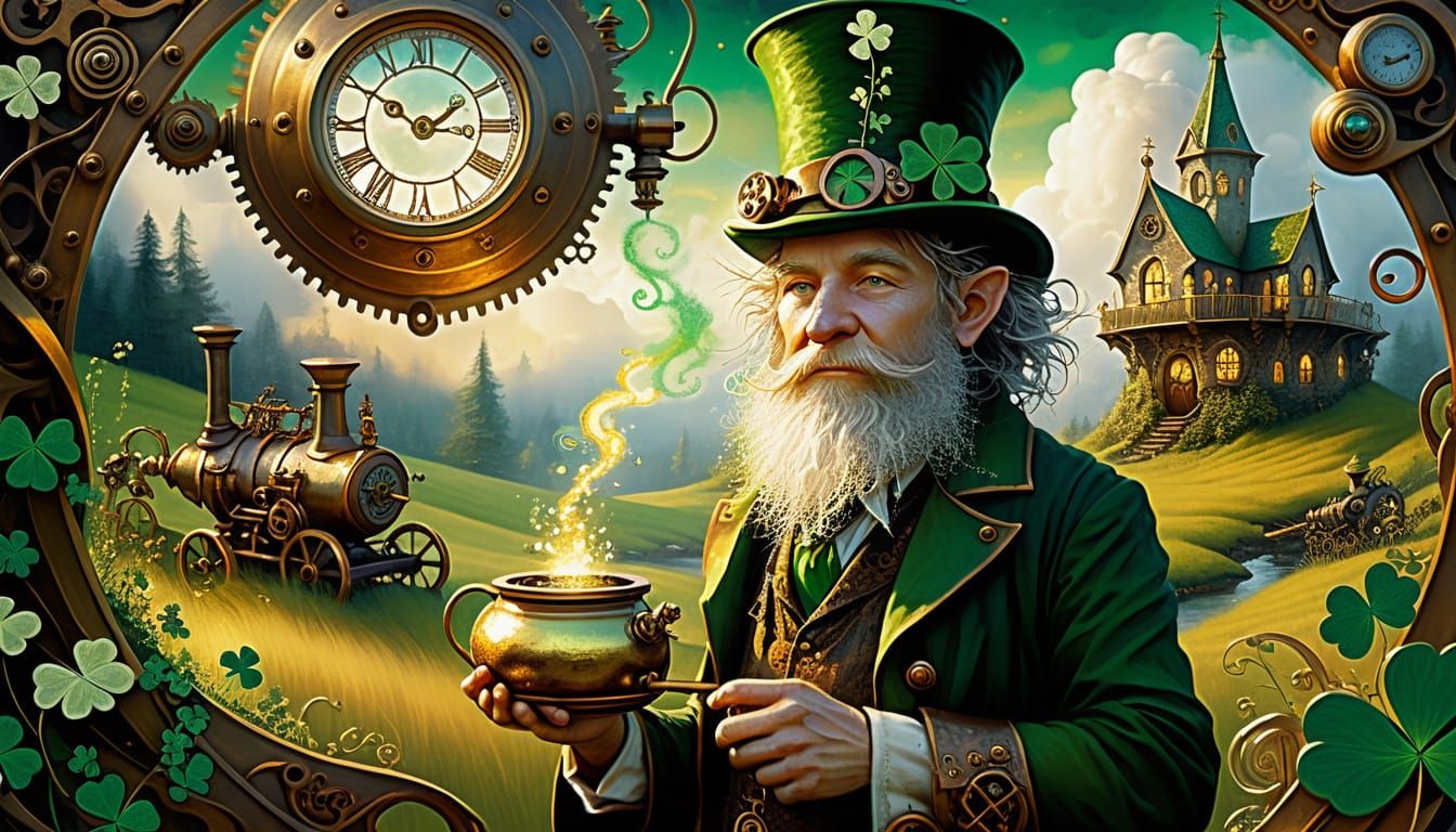 Whimsical Steampunk Leprechaun's Treasure Trove in Emerald G...