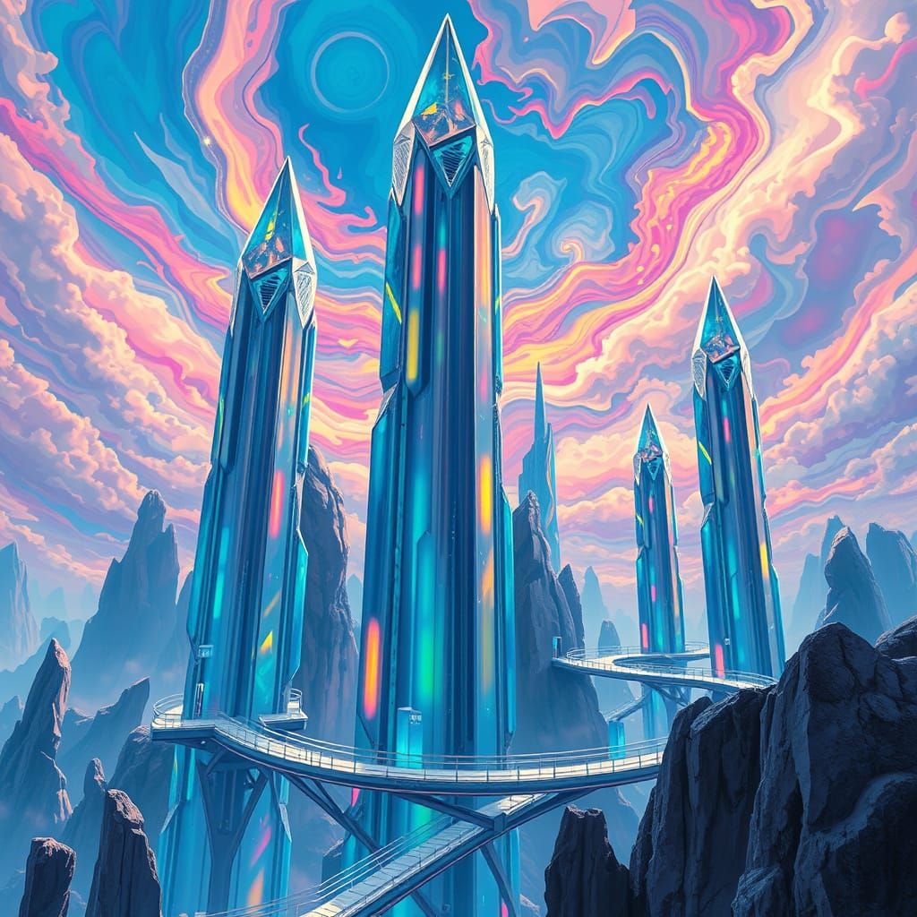 Iridescent Crystal Towers in Psychedelic Sky