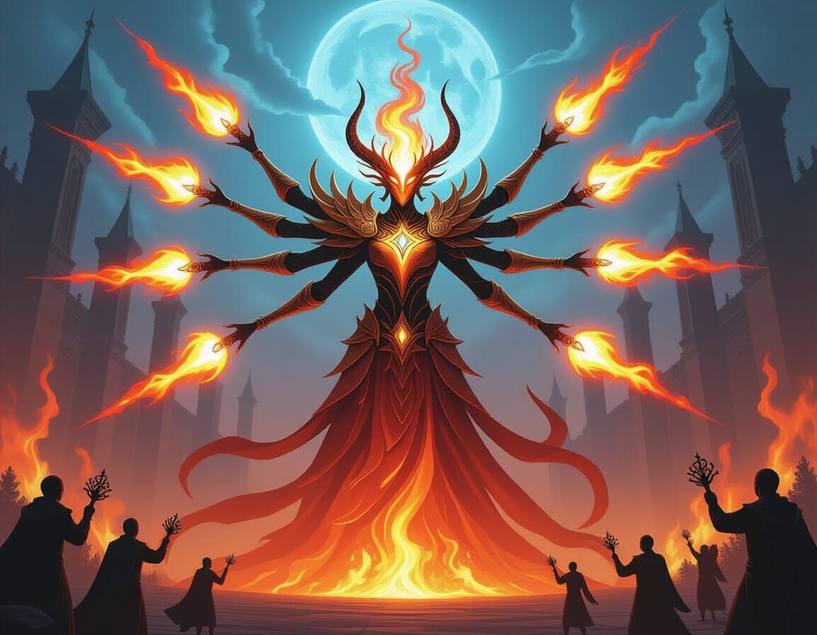 Colossal Flame Being with Celestial Prawns, Hypermythic Art