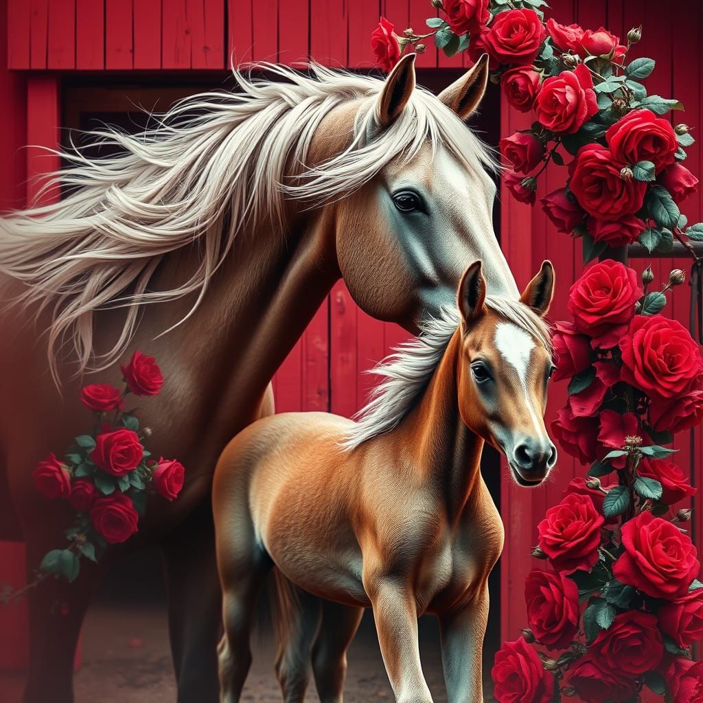 Fantastical Double Exposure of Mare and Foal in Red Barn wit...