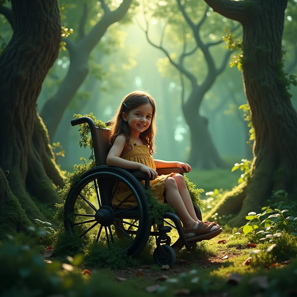 Girl in Wheelchair in Mystical Forest, Matte Painting