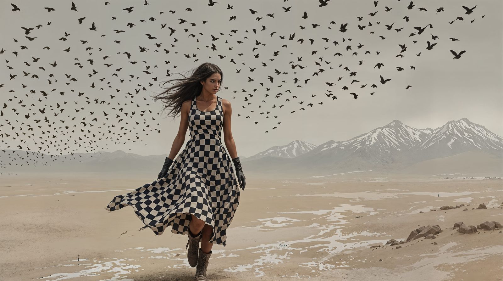 Desolate Landscape Reveals a Strong Woman in Checkered Dress