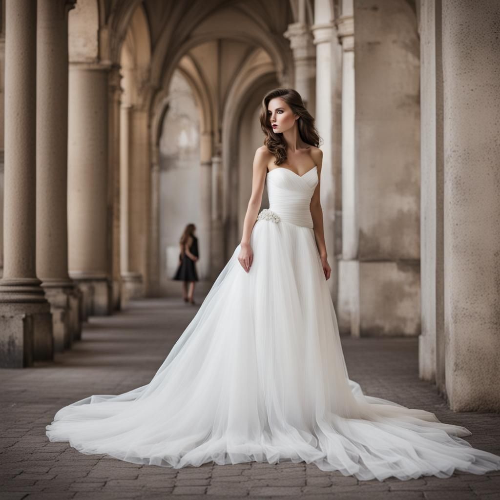 Woman in Long White Wedding Dress and High Heels