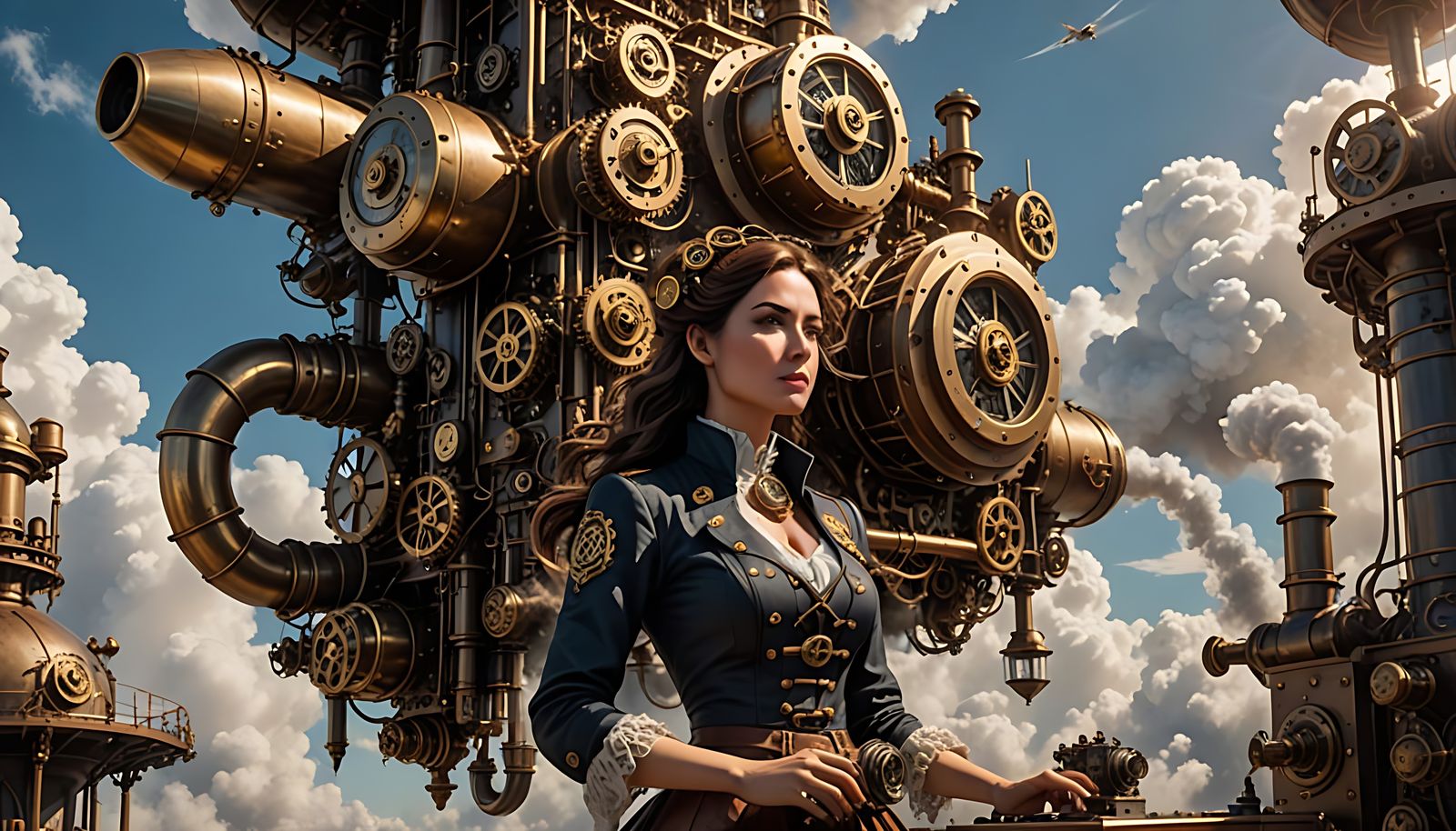 Steampunk Cloud Engine Guided by Engineer in Sunlight
