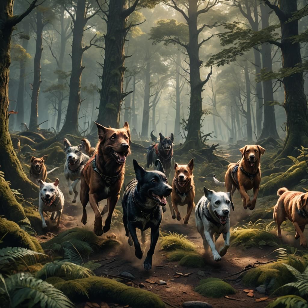 Hunting Dogs Running in Forest: Detailed Matte Painting