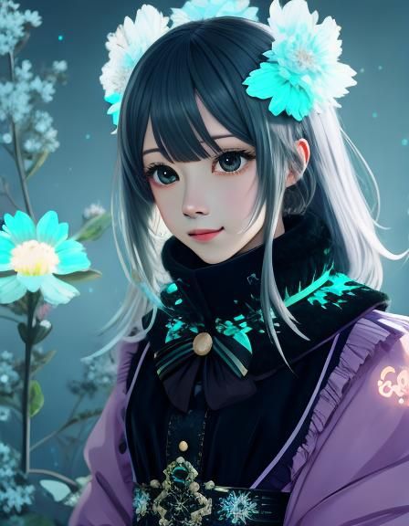 Anime Lady in Hydrangea Gown with Metal Filigree