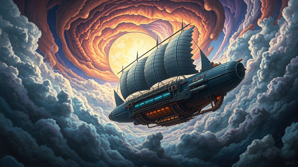 Cosmic Airship Voyage in Comic Book Style