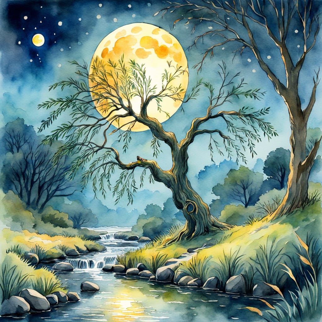 Willow Tree and Moon in Watercolor Illustration