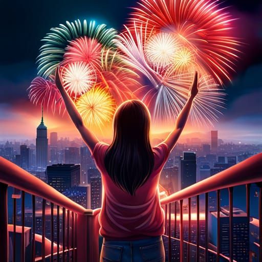 Anime Woman Watching Fireworks in Night Sky