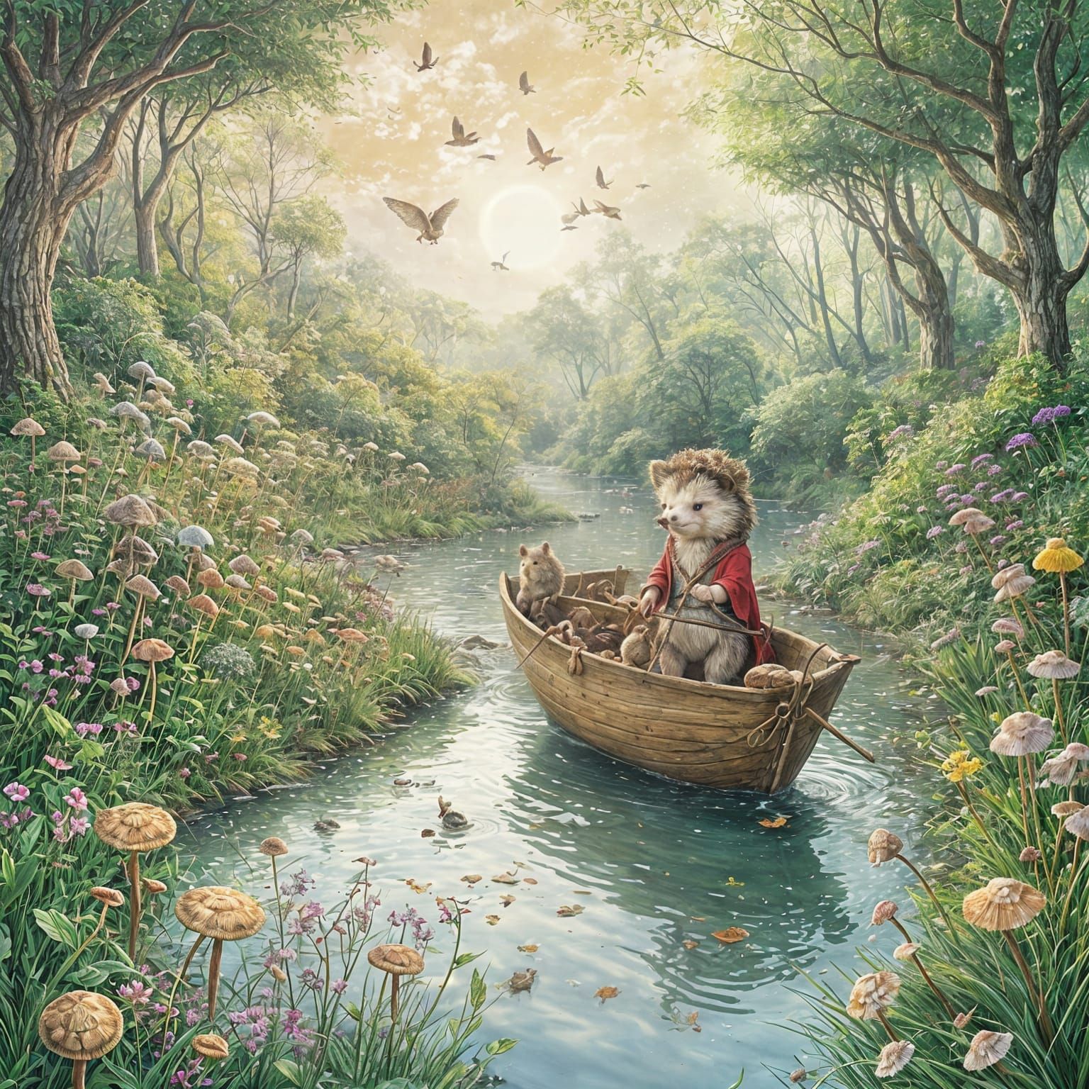 Hedgehog Adventurer Sails Downstream: Botanical Watercolor S...