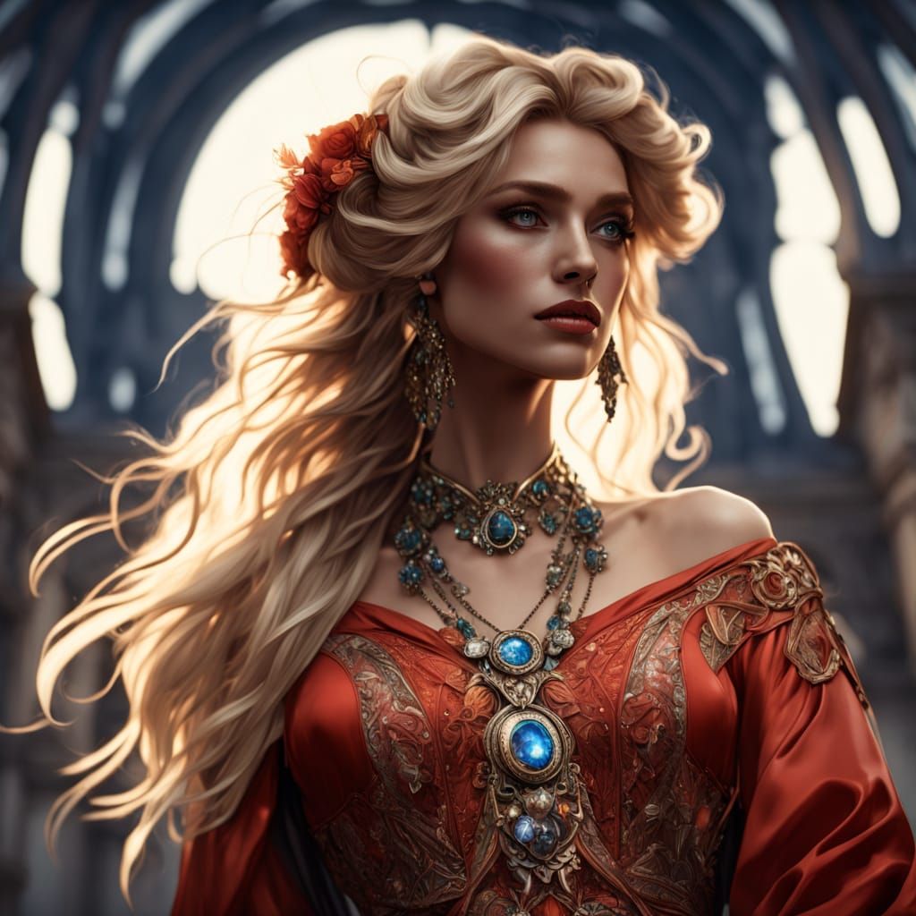 Blonde Woman in Red Gown: Hyper-realistic Portrait