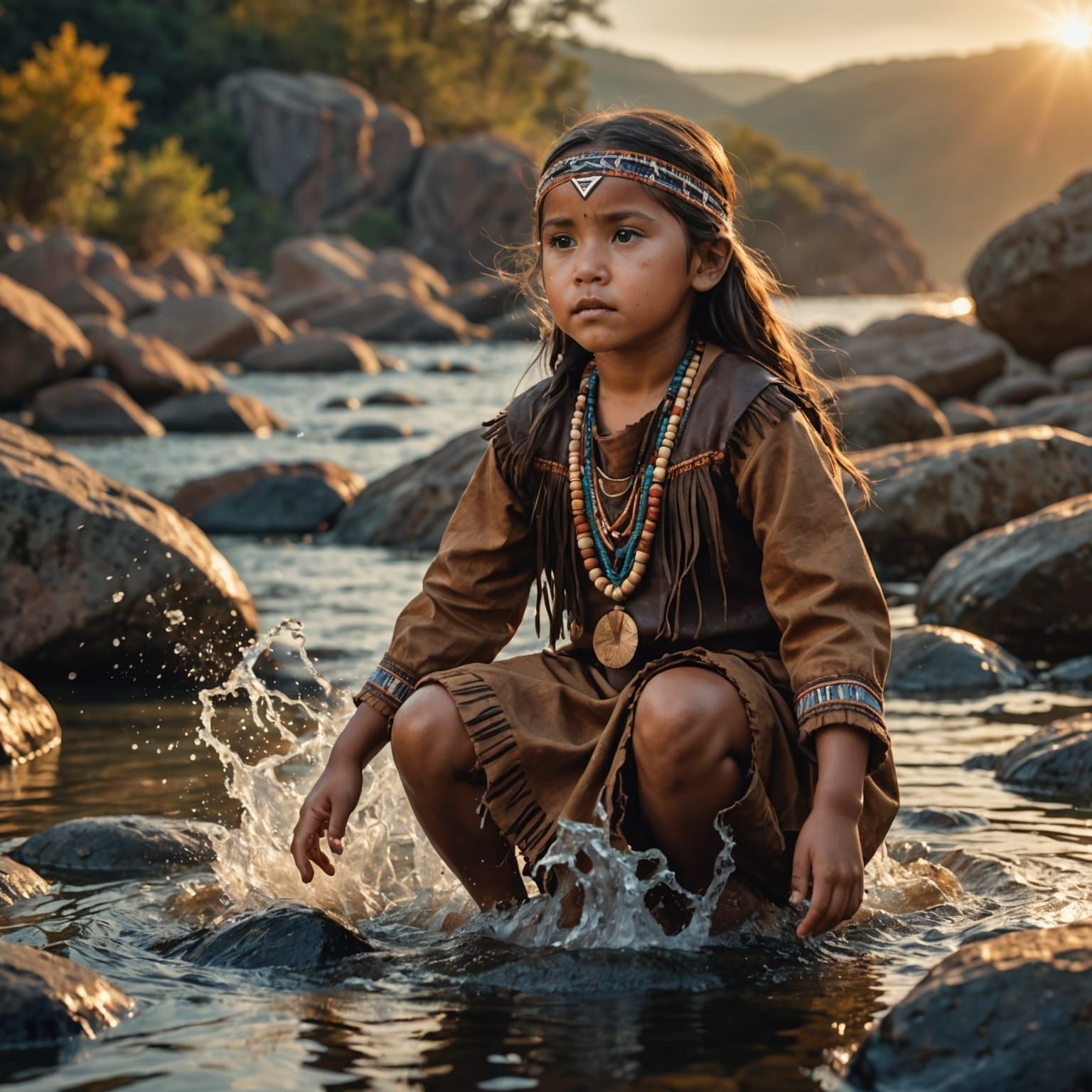 Native American Girl Playing at Sunset: Hyperrealistic Splas...
