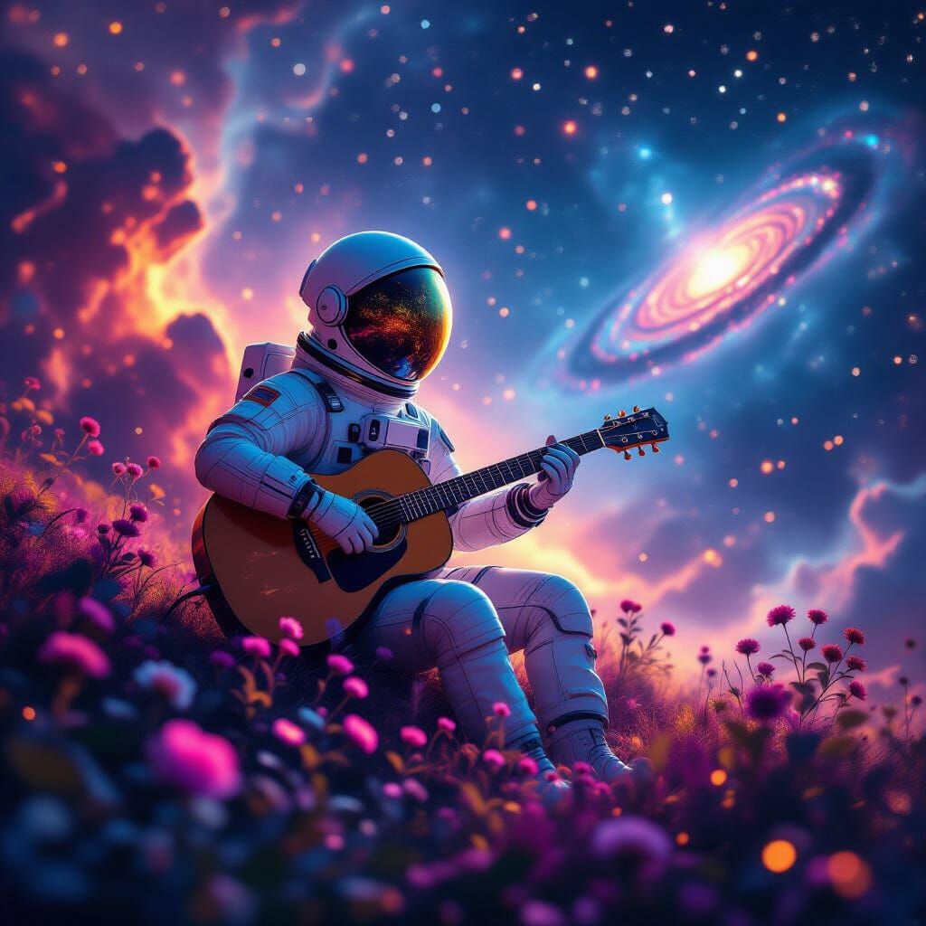 Astronaut Plays Celestial Guitar in Cosmic Nebula